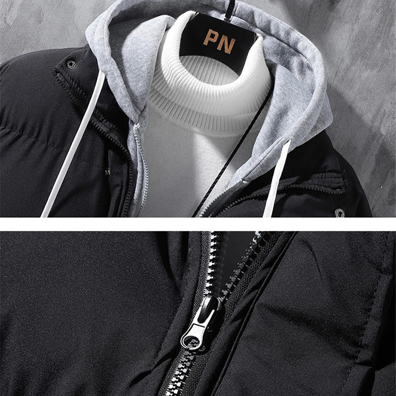 Hooded Jacket Men Winter Windproof Thickened Fake Two-piece Coat