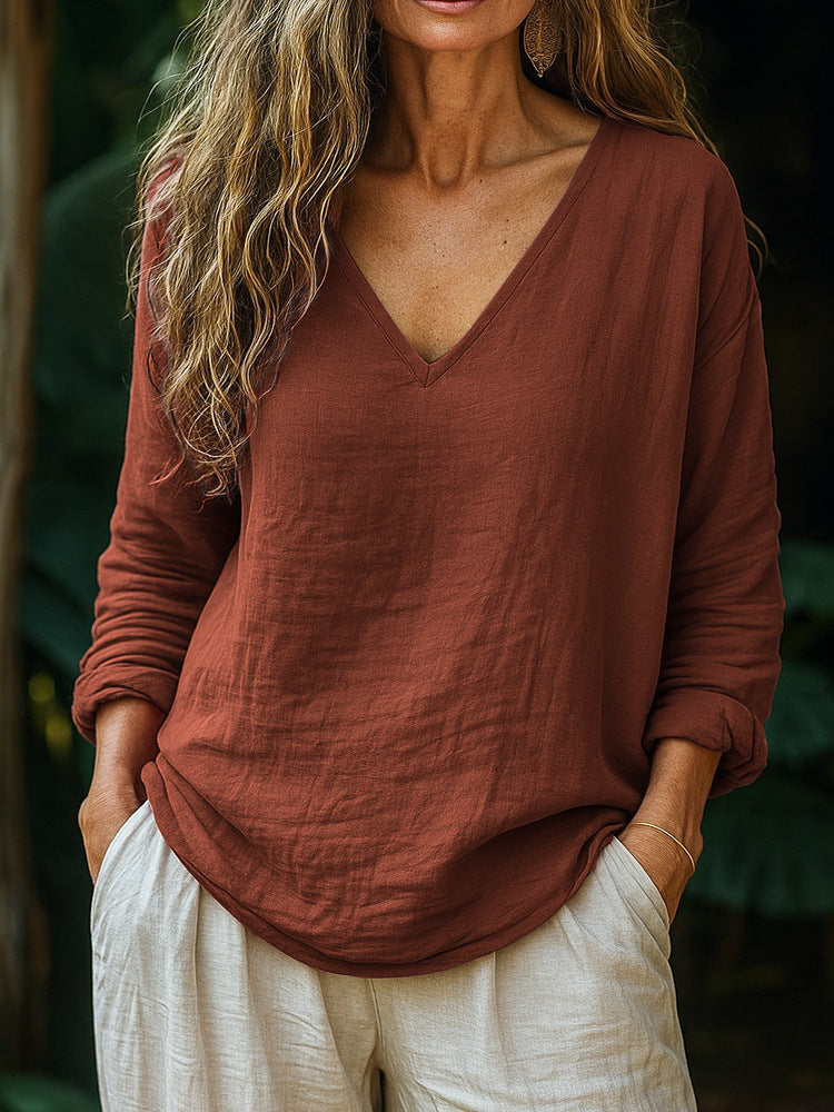 Casual Loose Fashion Cotton And Linen Long-sleeved Top