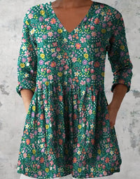 Women's Retro Floral Print Casual Cotton Linen V-neck Top