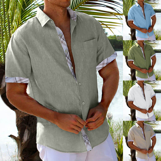 Vacation Short Sleeve Shirts With Plaid Side Summer  men