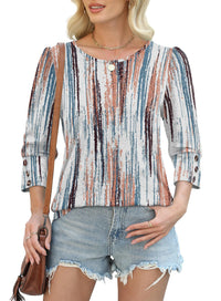 Women's Elegant 34 Sleeves Round Neck T-shirt With Buttons