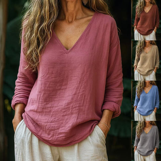 Casual Loose Fashion Cotton And Linen Long-sleeved Top