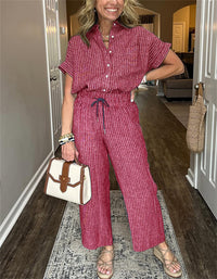 Women's Striped Suit Lapel Short Sleeve Straight  Trousers