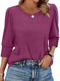 Women's Elegant 34 Sleeves Round Neck T-shirt With Buttons