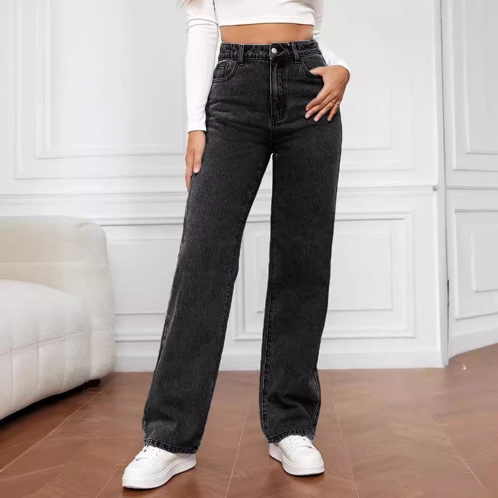 Stretch Washed Denim Fashion Straight Trousers Jeans Women's Pants