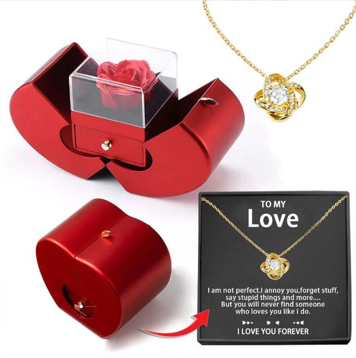 Red Apple Jewelry Box with Eternal Rose and Necklace