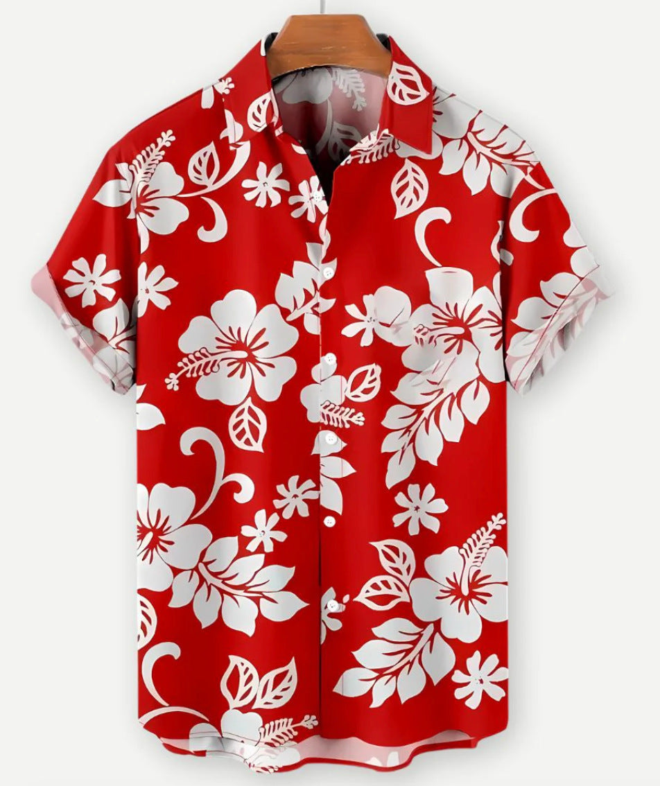 European And American Hawaiian Casual Floral Print Men's Lapel Shirt Short Sleeve
