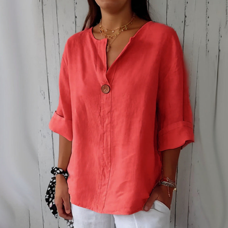 V-neck Long-sleeved T-shirt Fashion Loose Cotton trendy clothing