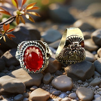 Vintage Natural Stone Distressed Carved Totem Owl Copper Ring