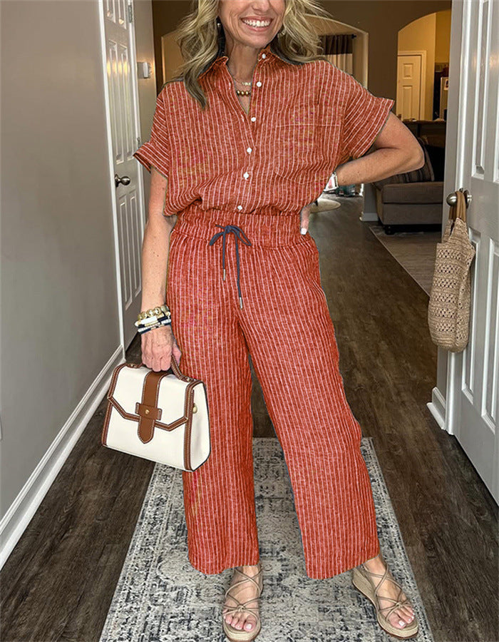 Women's Striped Suit Lapel Short Sleeve Straight  Trousers