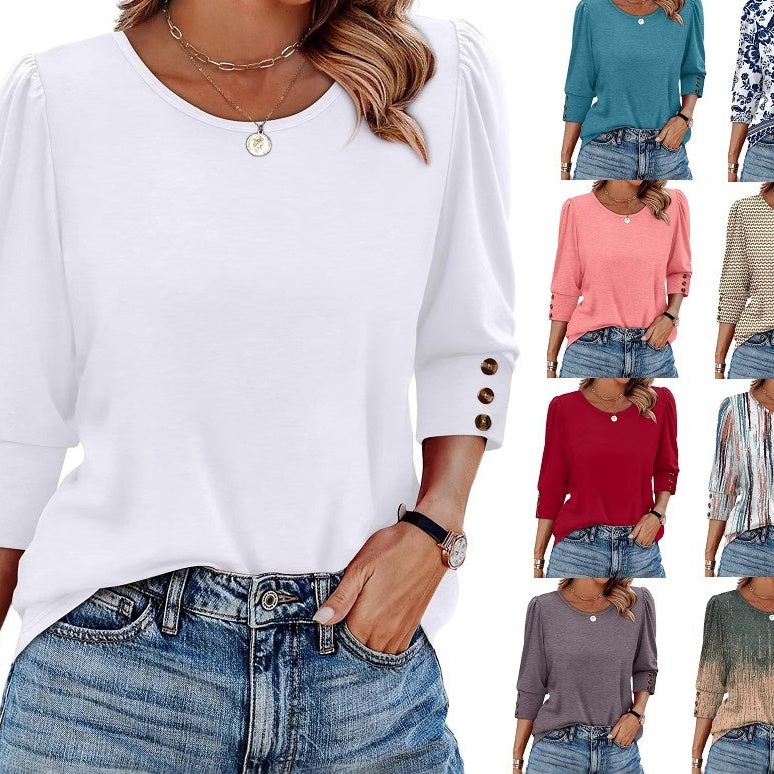 Women's Elegant 34 Sleeves Round Neck T-shirt With Buttons