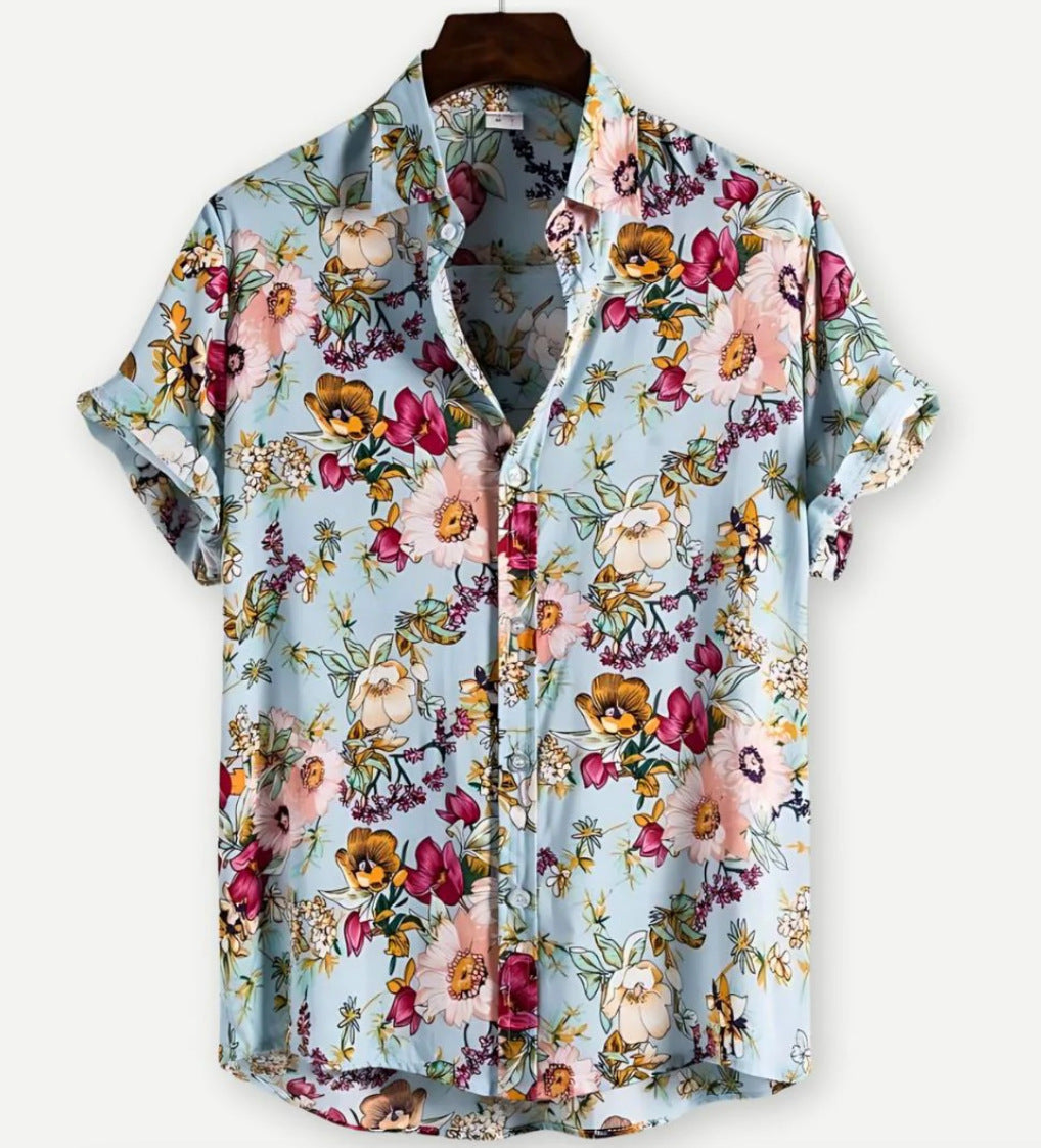 European And American Hawaiian Casual Floral Print Men's Lapel Shirt Short Sleeve