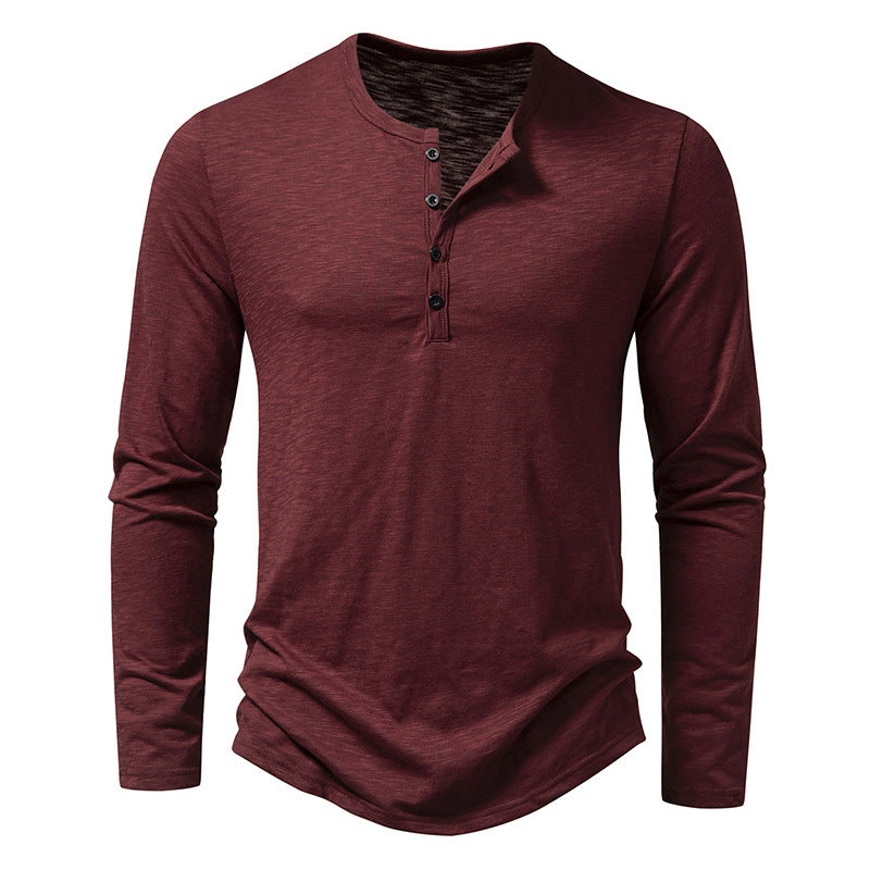 Mens Clothing Long Sleeve T-shirt Fashion Button Henry Collar