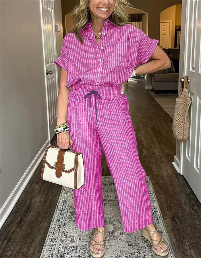 Women's Striped Suit Lapel Short Sleeve Straight  Trousers