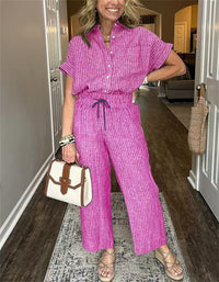 Women's Striped Suit Lapel Short Sleeve Straight  Trousers