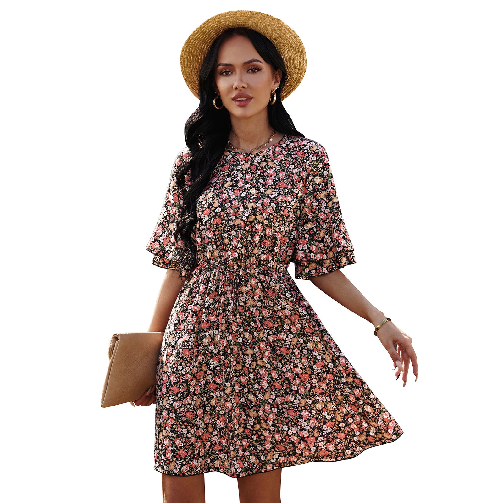 European And American Women's Half Sleeve Floral Chiffon Dress