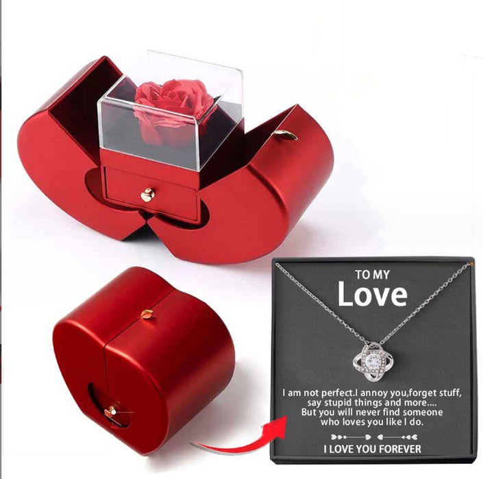 Red Apple Jewelry Box with Eternal Rose and Necklace
