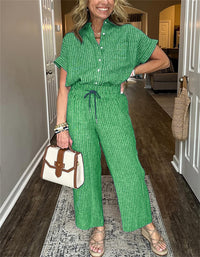 Women's Striped Suit Lapel Short Sleeve Straight  Trousers