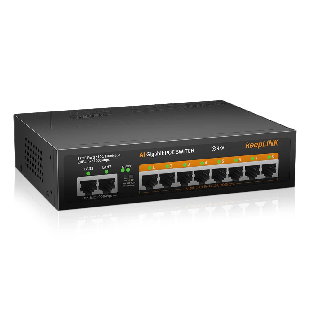 KeepLiNK 10-Port Gigabit Ethernet Switch with 8-PoE Ports and 2-Etherne RJ45 Copper Uplink Plug and Play - Chic Cart 