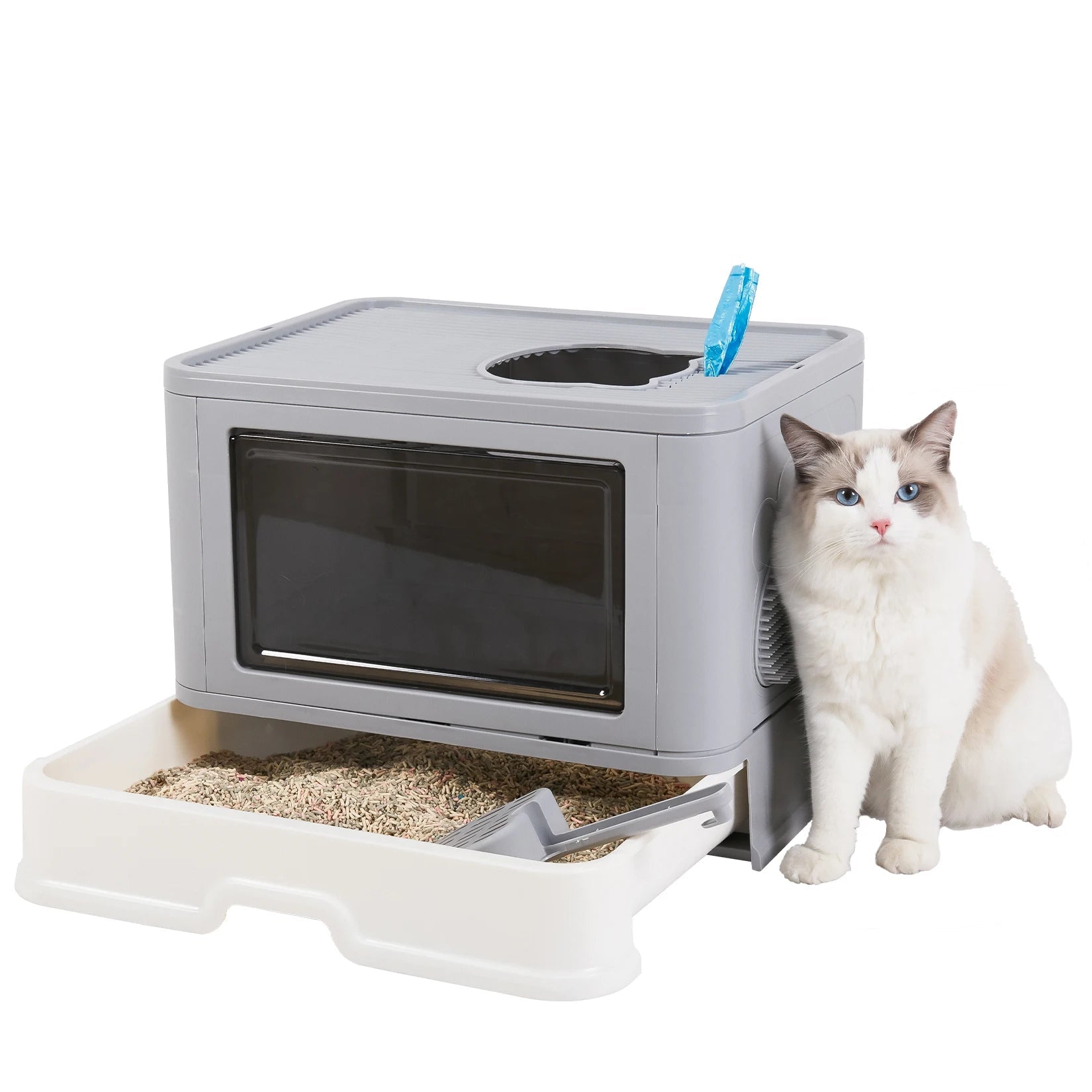 Foldable Cat Litter Box Front Entry & Top Exit Toilet Boxes with Massager Litter Scoop Enclosed Foldable Kitty Toilet - Chic Cart