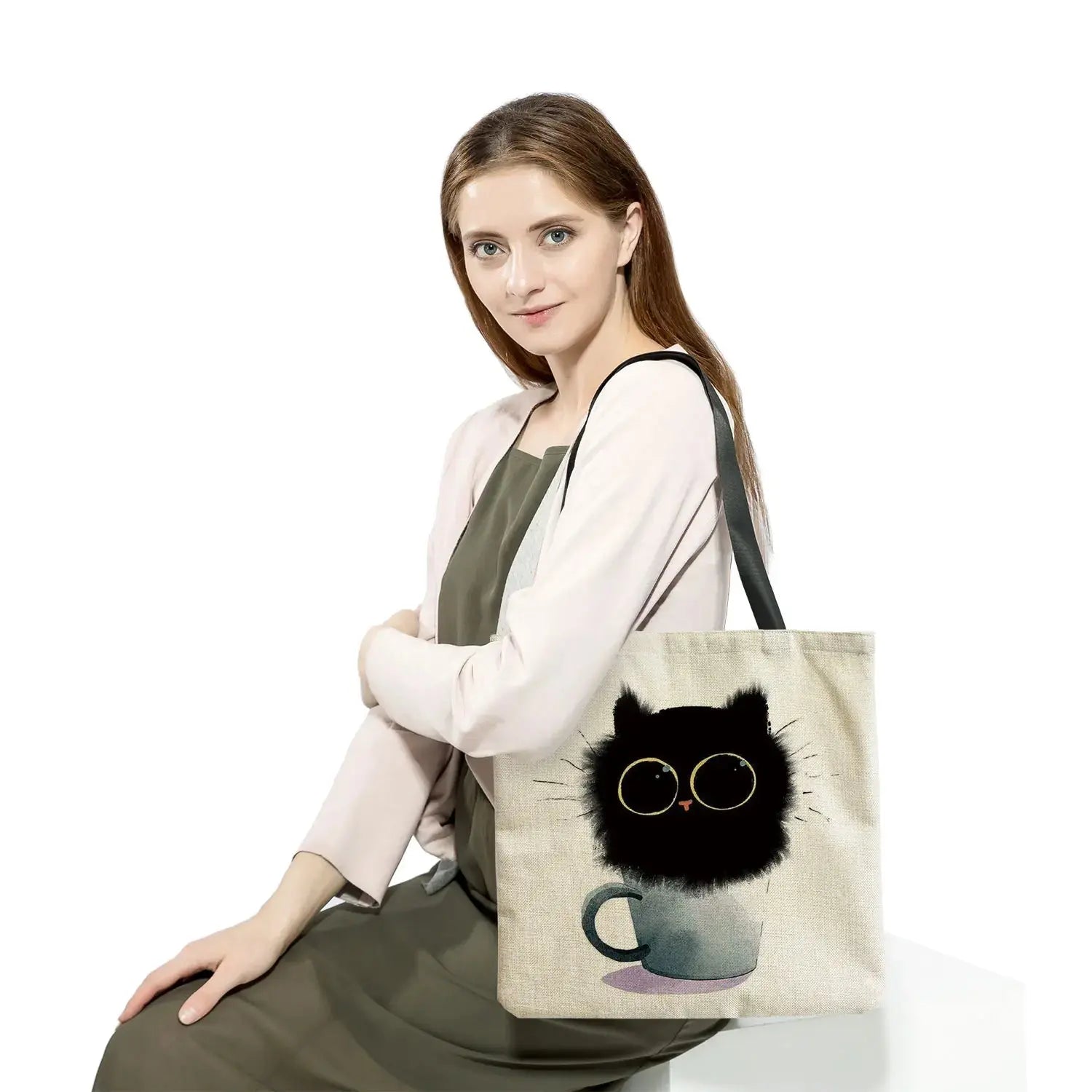Animal Printed Cartoon Black Cat Tote Fashion Outdoor Women Shoulder Bag Eco Friendly High Capacity Portable Shopping Handbags - Chic Cart