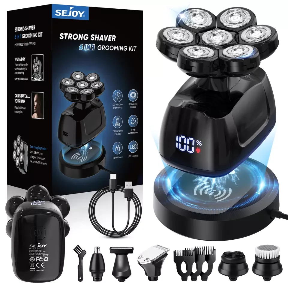SEJOY 6-in-1 Multifunctional 7D Head Shavers for Bald Men Electric Razor with Nose Hair Trimmer Waterproof Mens Grooming Kit - Chic Cart 