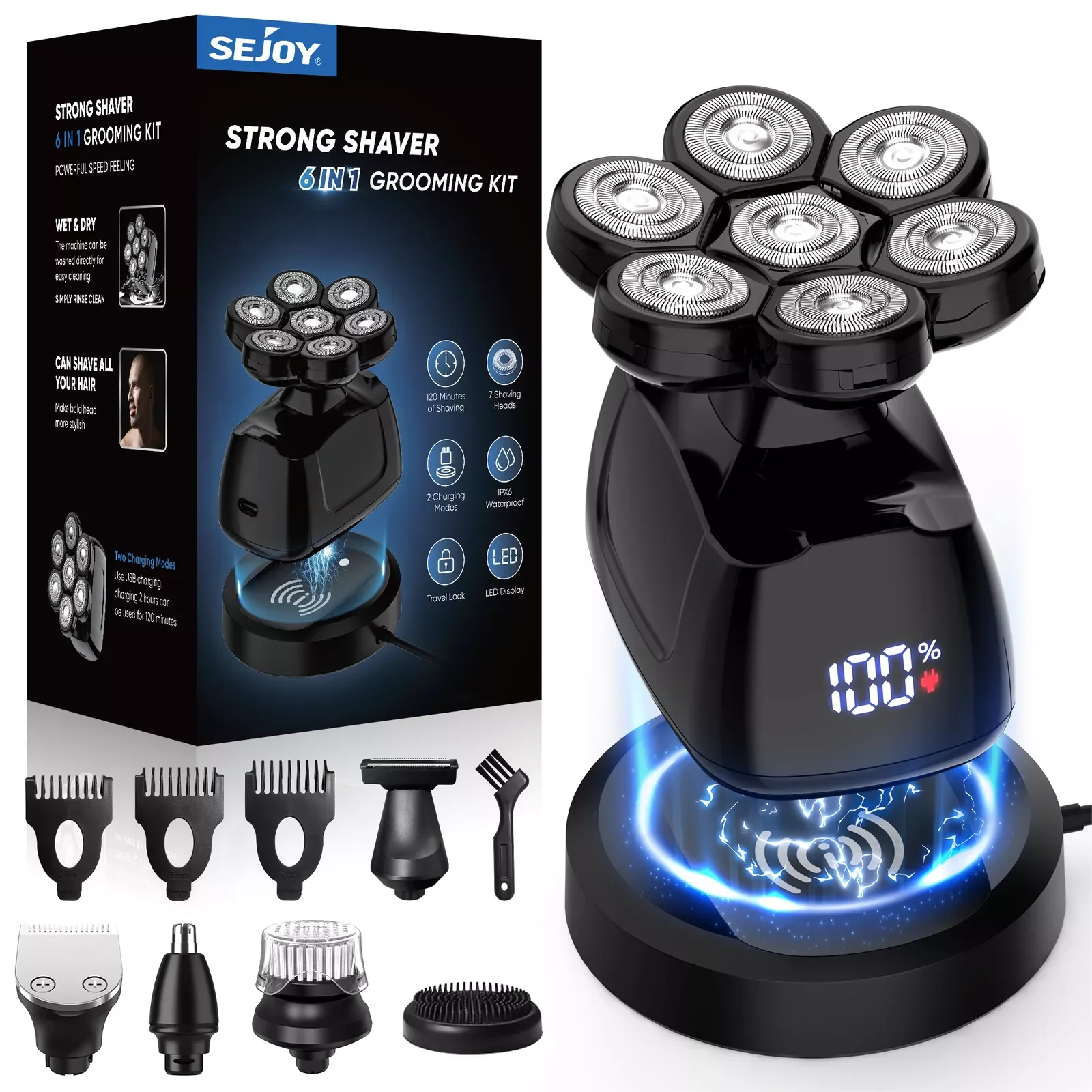 SEJOY 6-in-1 Multifunctional 7D Head Shavers for Bald Men Electric Razor with Nose Hair Trimmer Waterproof Mens Grooming Kit - Chic Cart 