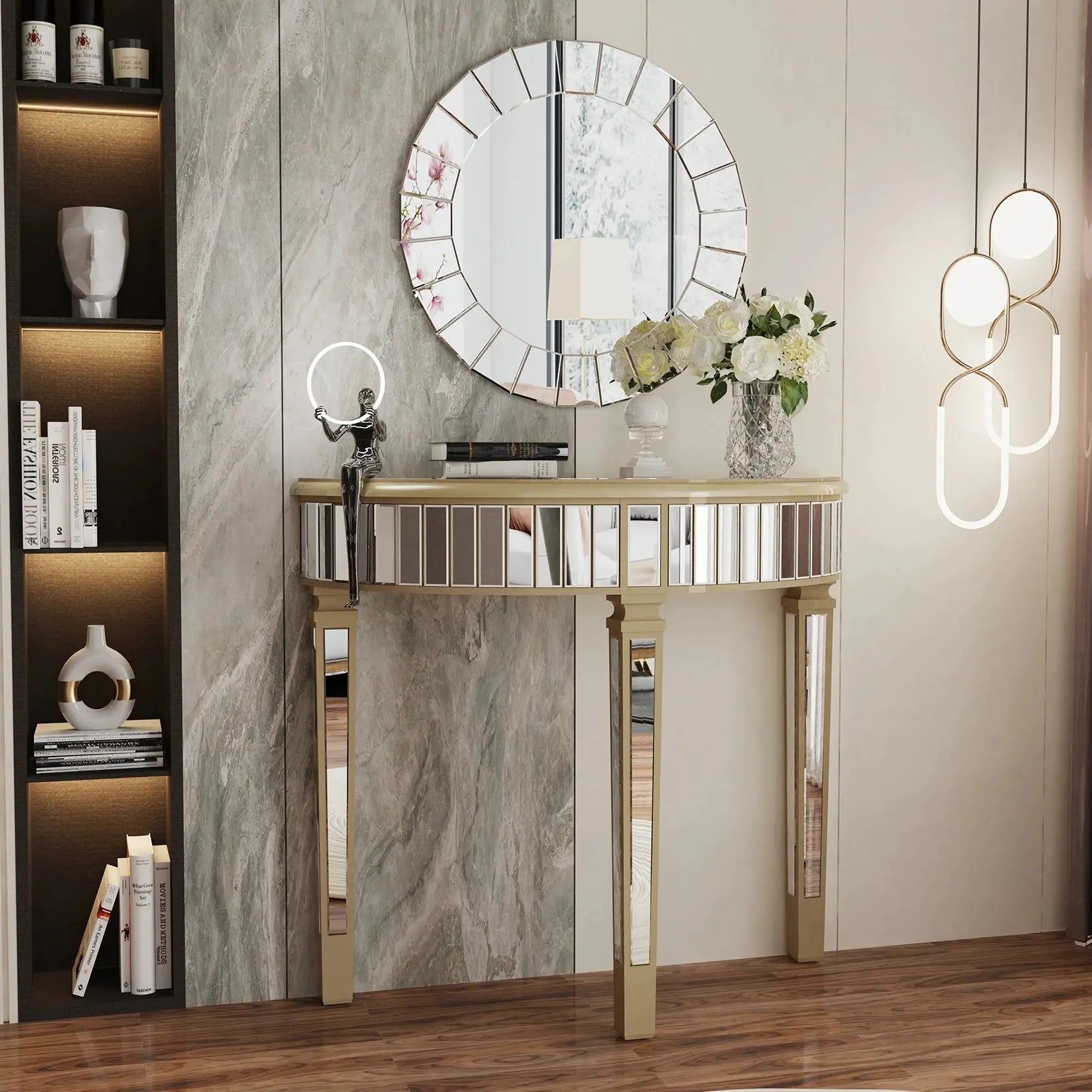 Half Moon Console Table Modern Silver Mirrored Living Room Console Entryway Table - Chic Cart 