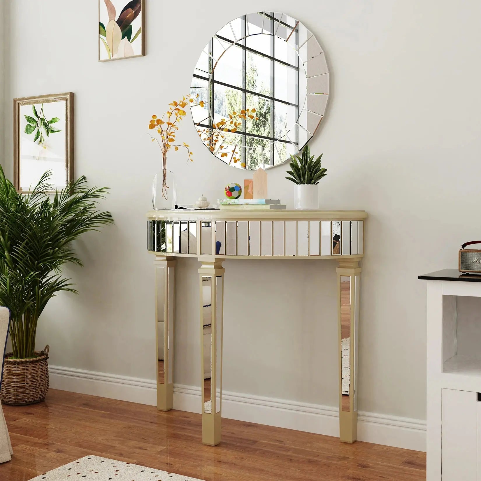 Half Moon Console Table Modern Silver Mirrored Living Room Console Entryway Table - Chic Cart 