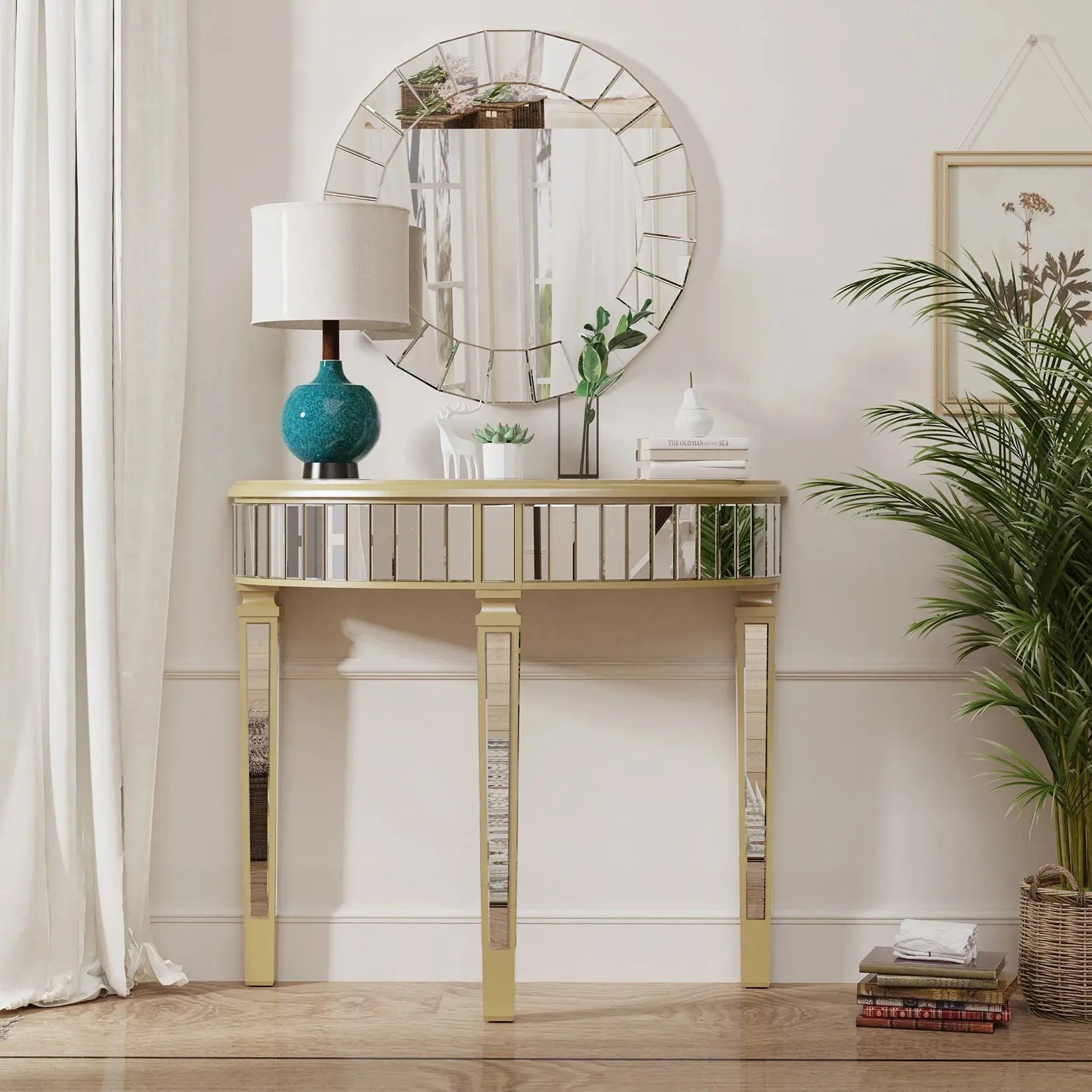 Half Moon Console Table Modern Silver Mirrored Living Room Console Entryway Table - Chic Cart 