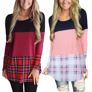 Women's Color Block Plaid Shirt Crewneck Sweatshirt Pullover Sweatshirt Top USA